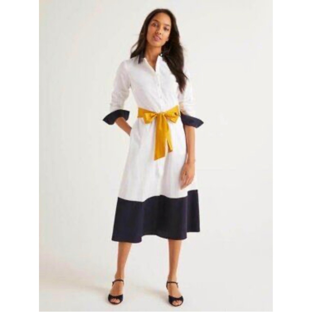 Boden Colorblock Shirt Dress Navy White Mustard Belt Pockets US 14R UK 18R